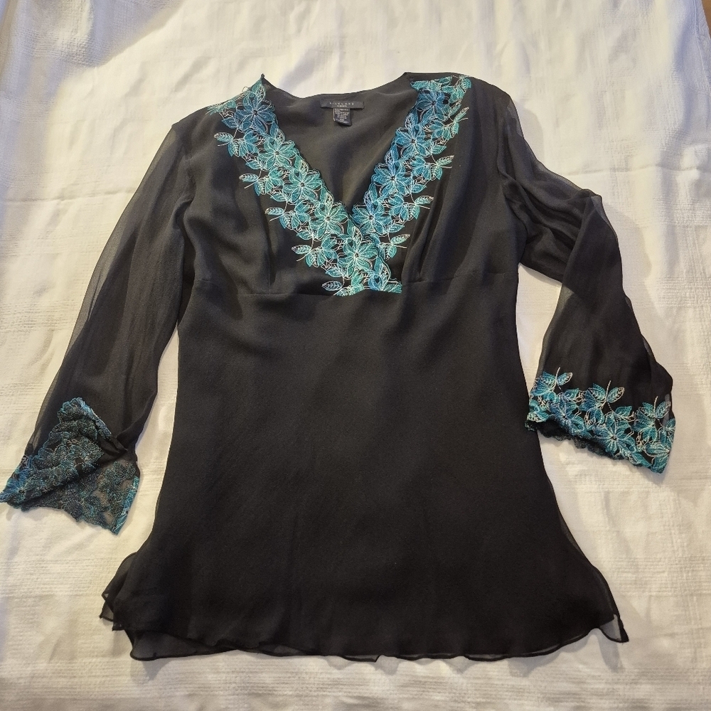 Silkland 2X 100% Silk Black & teal flutter sleeve embroidered lined blouse EUC